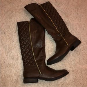 Brown Faux Leather Riding Boots Gold Zipper 8.5